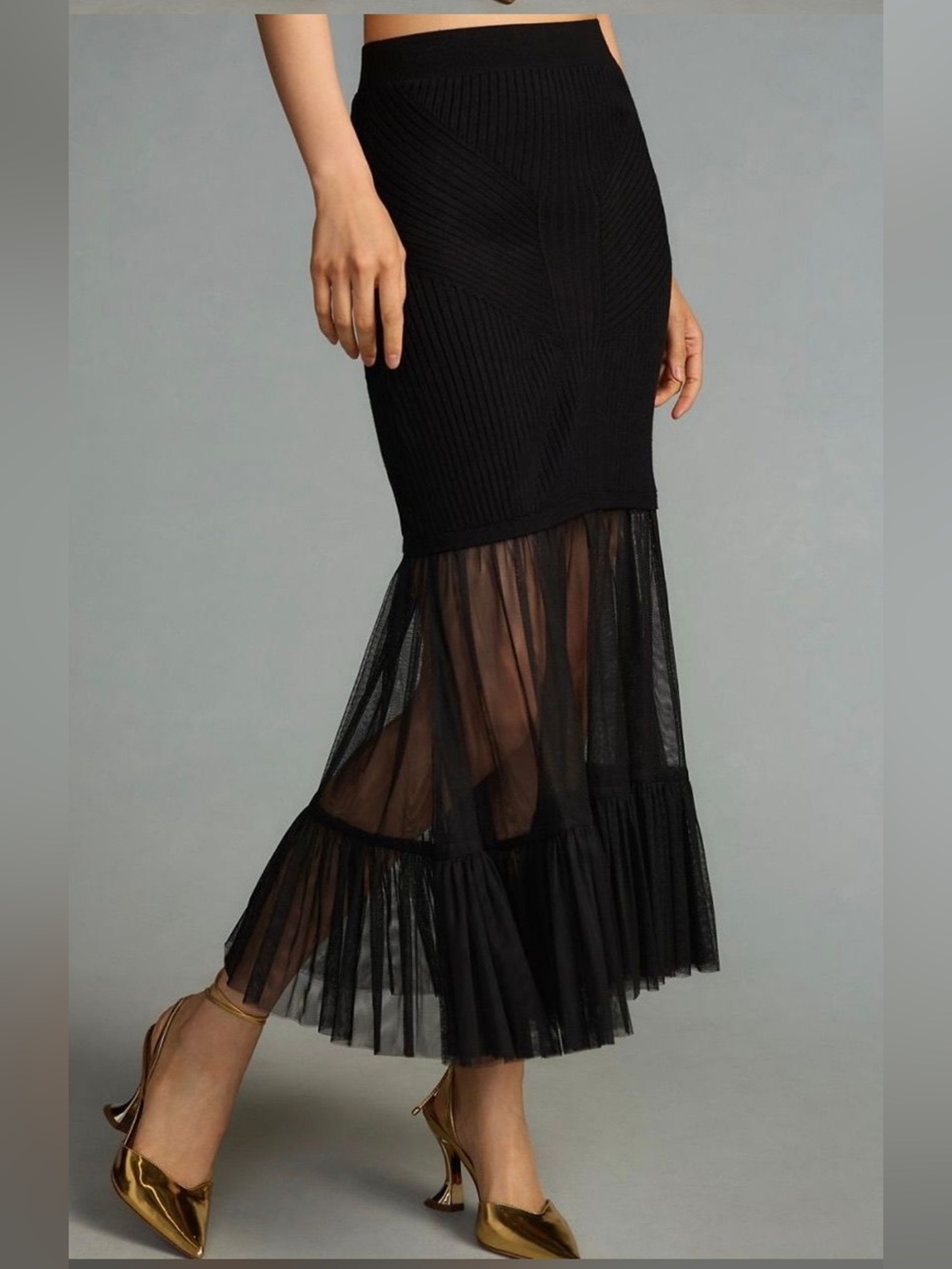 Anthropologie Black Maxi Knit Skirt with Sheer Pleated Flounce